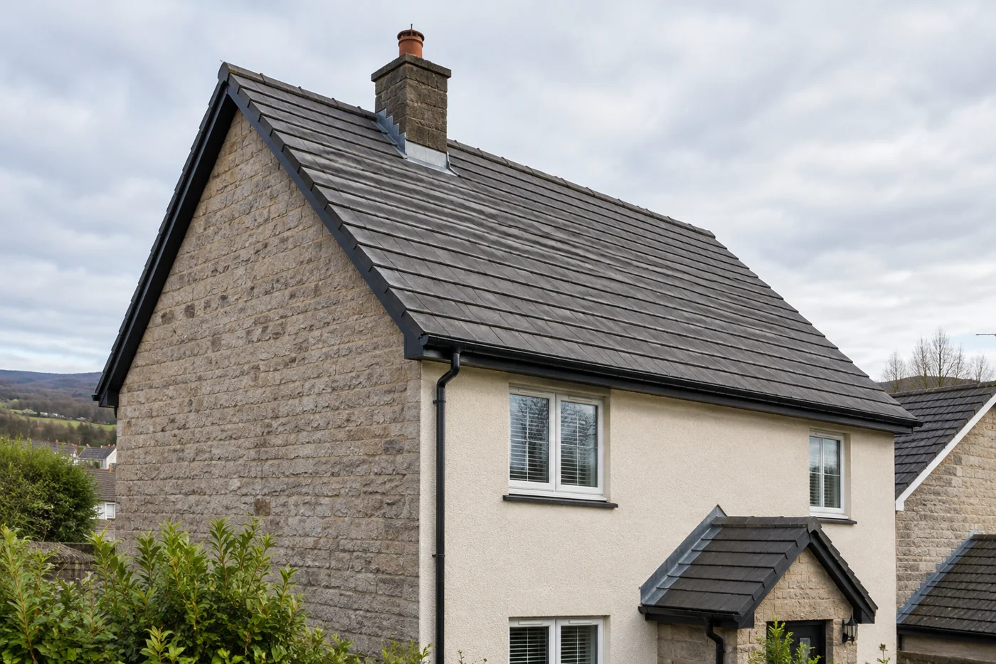 Domestic gable roof showing chimney and roof edges