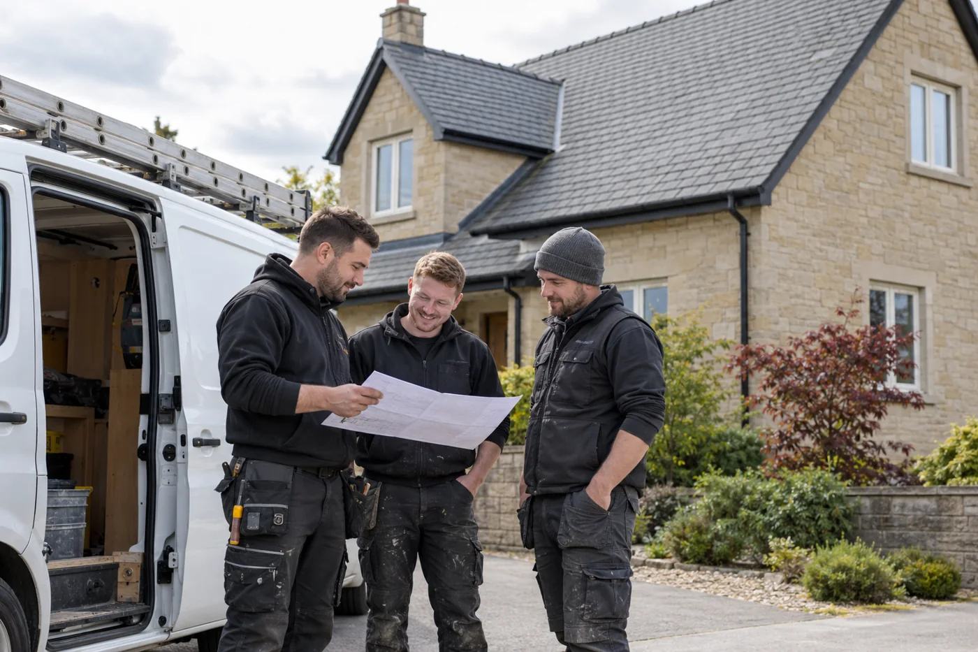 Roofing crew beside a white work van