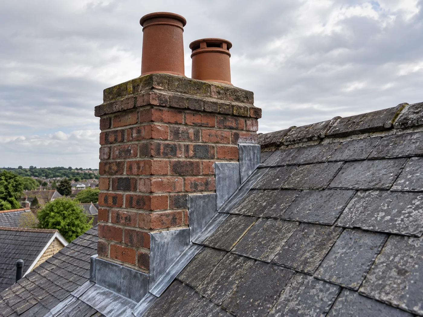 Brick chimney with pots and stepped lead flashing