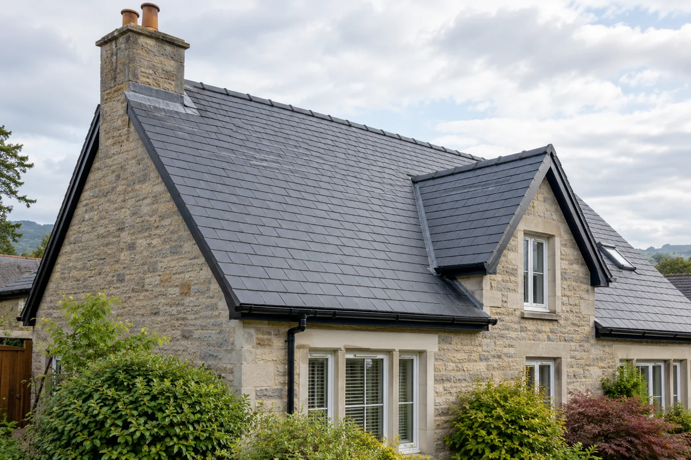Slate pitched roof with a dormer and stone chimney